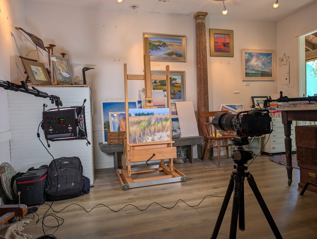 Digitization setup at an artist's studio with camera and lighting equipment