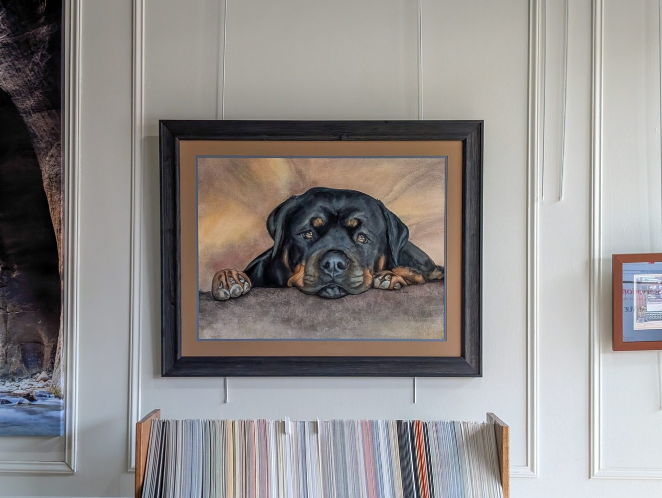 Framed pastel portrait of a Rottweiler on the gallery wall